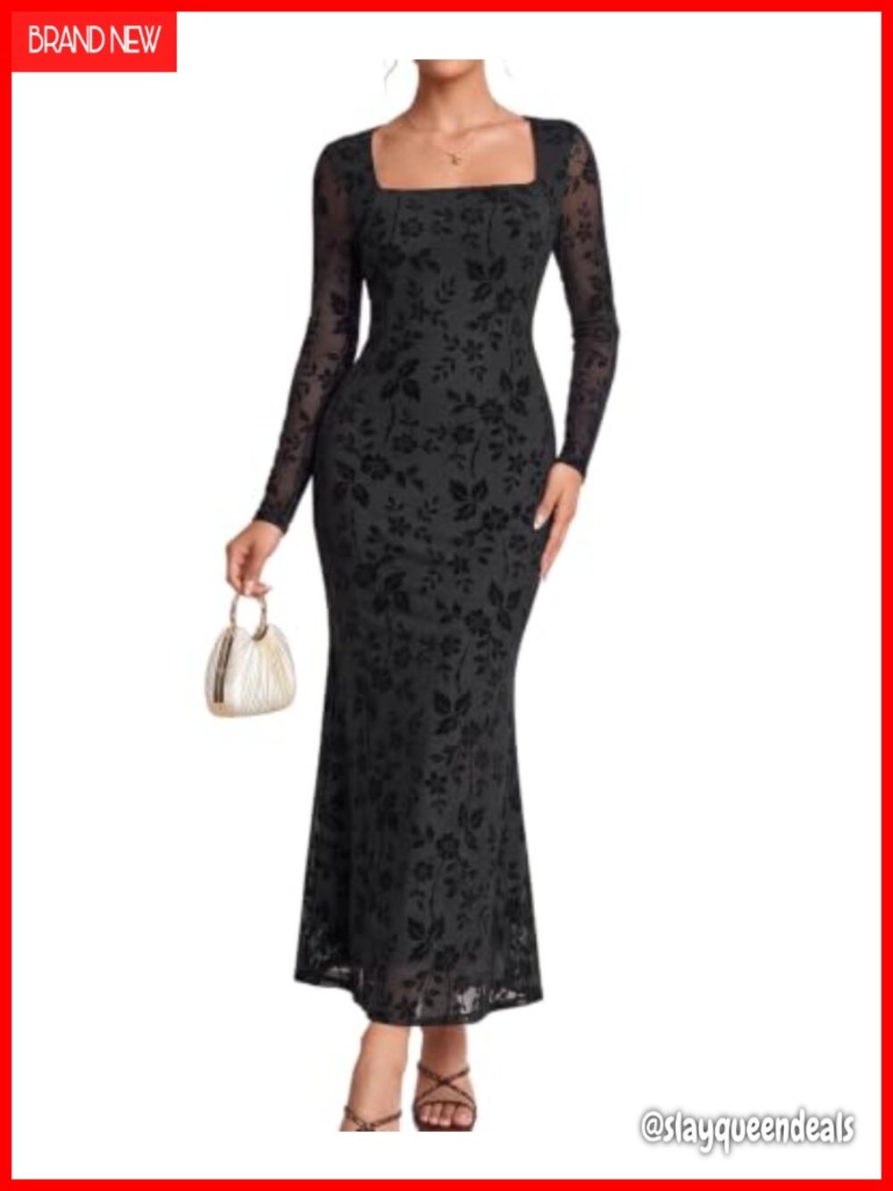 GLNEGE Long Sleeve Floral Bodycon Maxi Dress Square Neck Formal